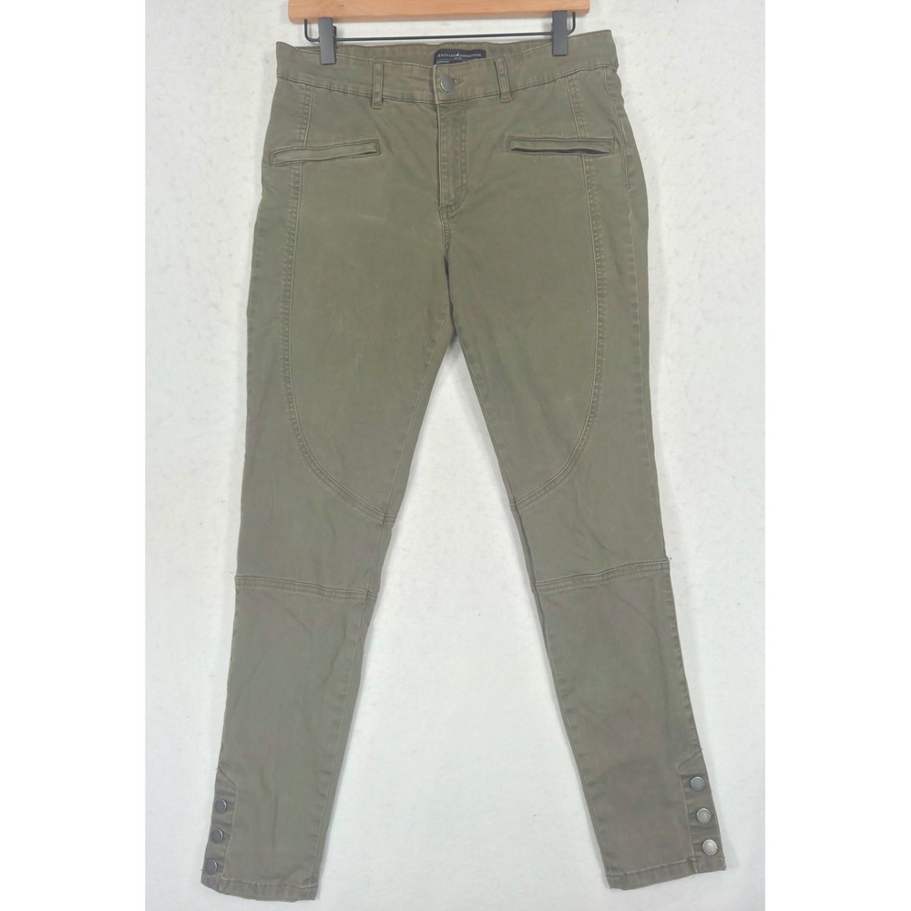 Peruvian Connection Womens Olive Green Moto Skinny Pants Size 8 Snap Ankle Seam
